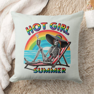 Hot Girl Summer Skeleton Retro Beach Design Throw Pillow