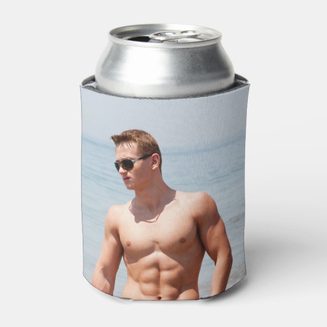 Hot Guy Bare Chest Muscular Abs Beach Shirtless Can Cooler (Can Front)
