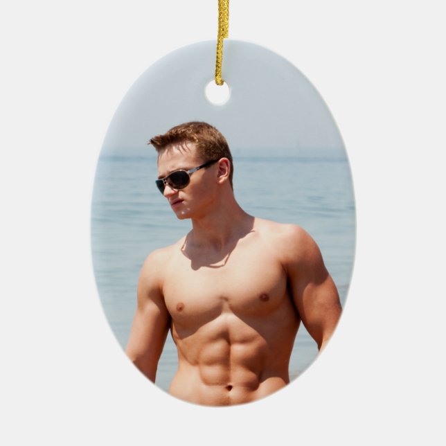 Hot Guy Bare Chest Muscular Abs Beach Shirtless Ceramic Ornament (Front)