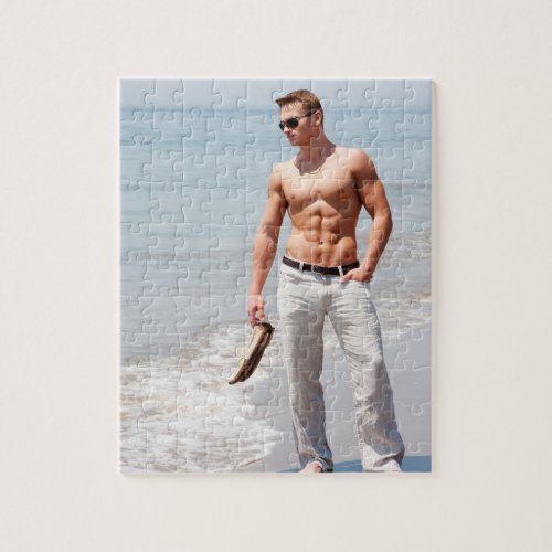 Hot Guy Bare Chest Muscular Abs Beach Shirtless Jigsaw Puzzle