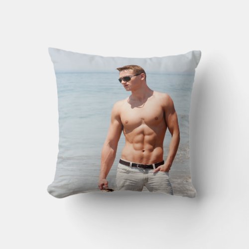 Hot Guy Bare Chest Muscular Abs Beach Shirtless Po Throw Pillow