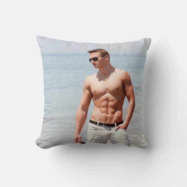 Hot Guy Bare Chest Muscular Abs Beach Shirtless Po Throw Pillow (Front)