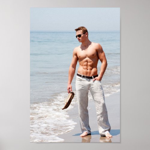 Hot Guy Bare Chest Muscular Abs Beach Shirtless Poster