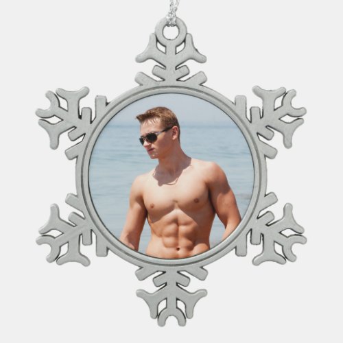 Hot Guy Bare Chest Muscular Abs Beach Shirtless Snowflake Pewter Christmas Ornament
