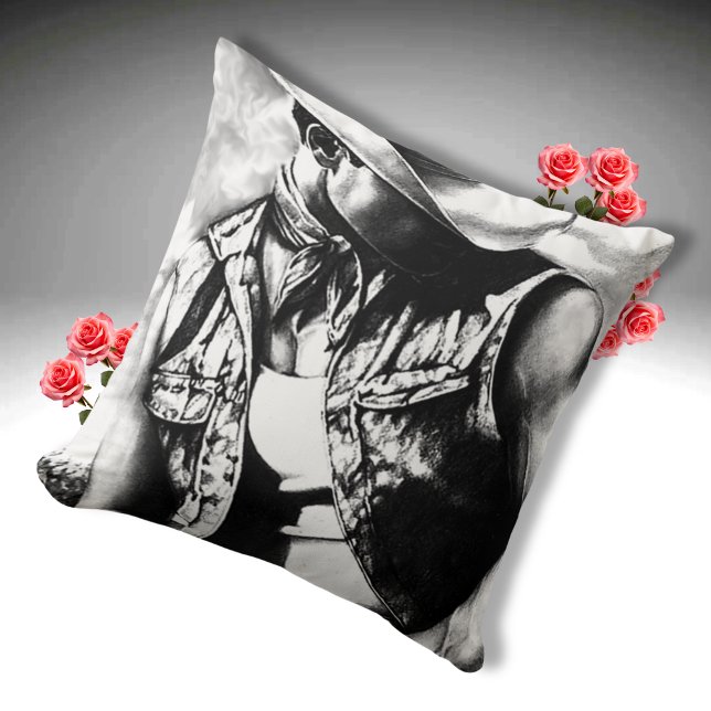 Hot Guy in Vest & Hat Original Charcoal Sketch  Throw Pillow (Requires a bit of looking to see the picture but that is part of the effect. Looks Great stacked.)