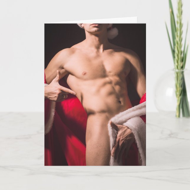Hot Guy Poses Sexy Shirtless Santa Outfit Christma Card (Front)