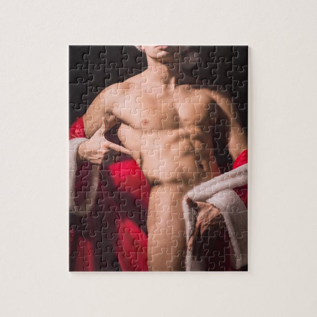 Hot Guy Poses Sexy Shirtless Santa Outfit Jigsaw Puzzle (Vertical)