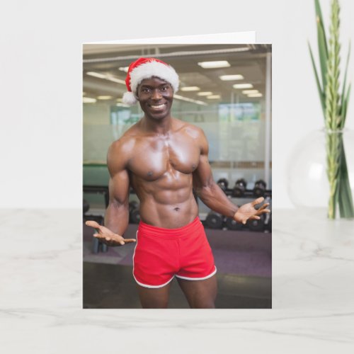Hot Guy Santa Hat Red Shorts Shirtless Christmas Card