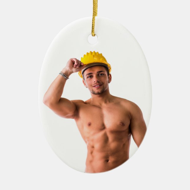 Hot Guy Sexy Stud Construction Worker Shirtless Ceramic Ornament (Front)