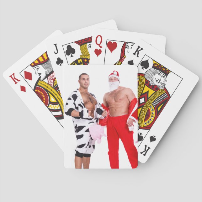 Hot Guys Muscular Men Santa Outfit Funny Christmas Poker Cards (Back)