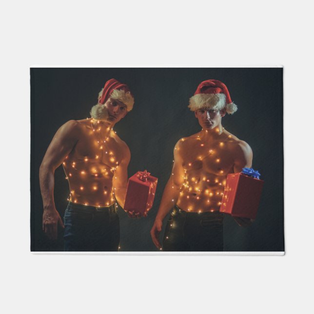 Hot Guys Pose Sexy Shirtless Muscular Santa Hats Doormat (Front)