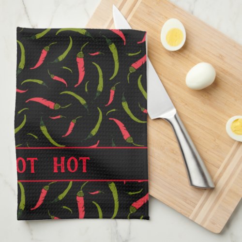 HOT HOT HOT Chilli Peppers Pattern on Black Kitchen Towel