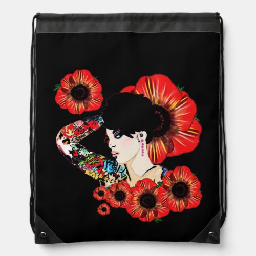 Hot inked girl ART BY LeahG Poppy flower red black Drawstring Bag