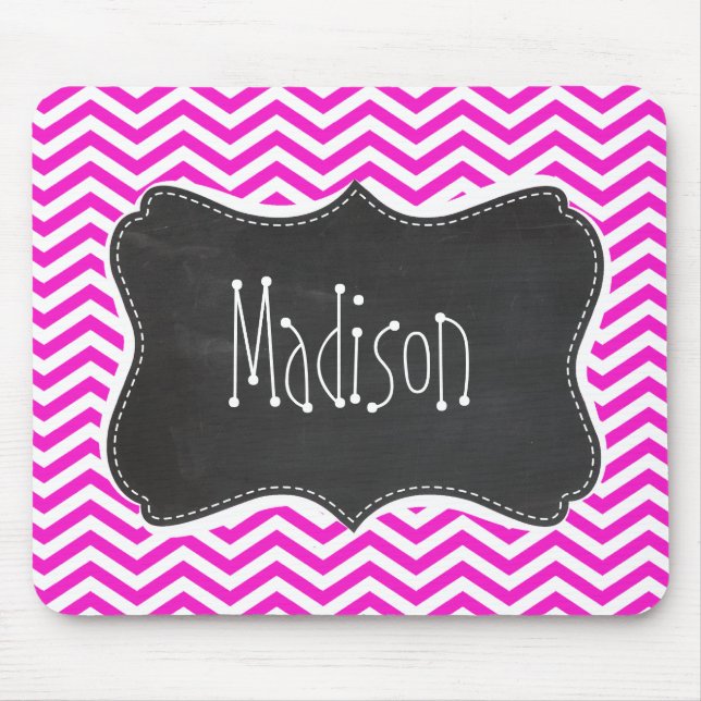 Hot Magenta Chevron Stripes; Retro Chalkboard look Mouse Pad (Front)