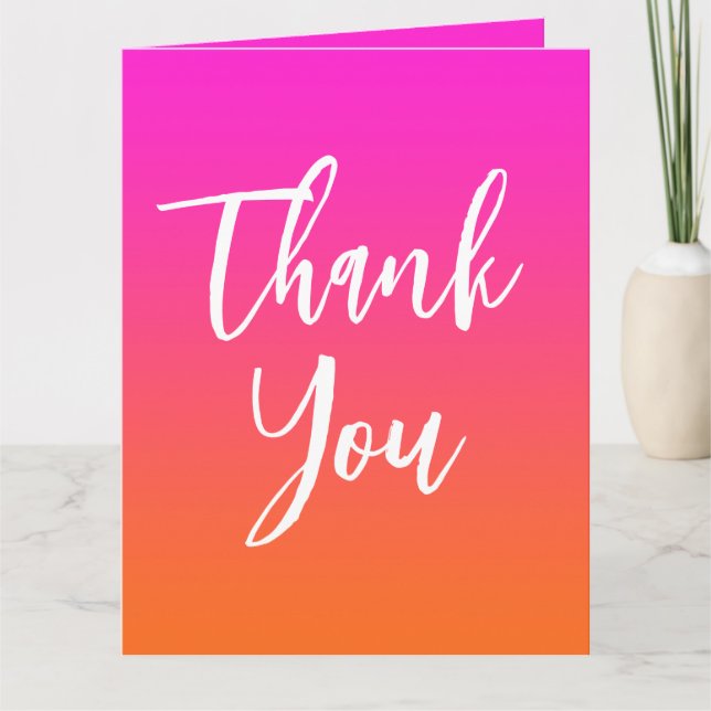 Hot Magenta Pink and Bright Orange Ombre Thank You Card (Front)