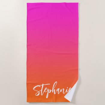 Hot Magenta Pink Bright Orange Ombre Script Name Beach Towel by pinkgifts4you at Zazzle
