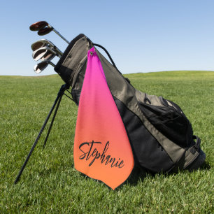 Hot Magenta Pink Bright Orange Ombre Script Name Golf Towel