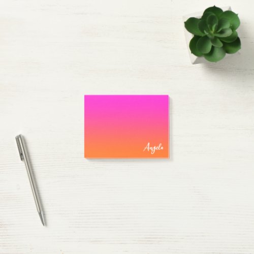 Hot Magenta Pink Bright Orange Ombre Script Name Post_it Notes