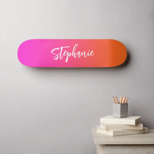 Hot Magenta Pink Bright Orange Ombre Script Name Skateboard