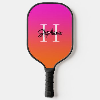 Hot Magenta Pink Orange Ombre Monogram Pickleball Paddle by pinkgifts4you at Zazzle