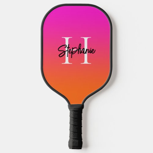 Hot Magenta Pink Orange Ombre Monogram Pickleball Paddle