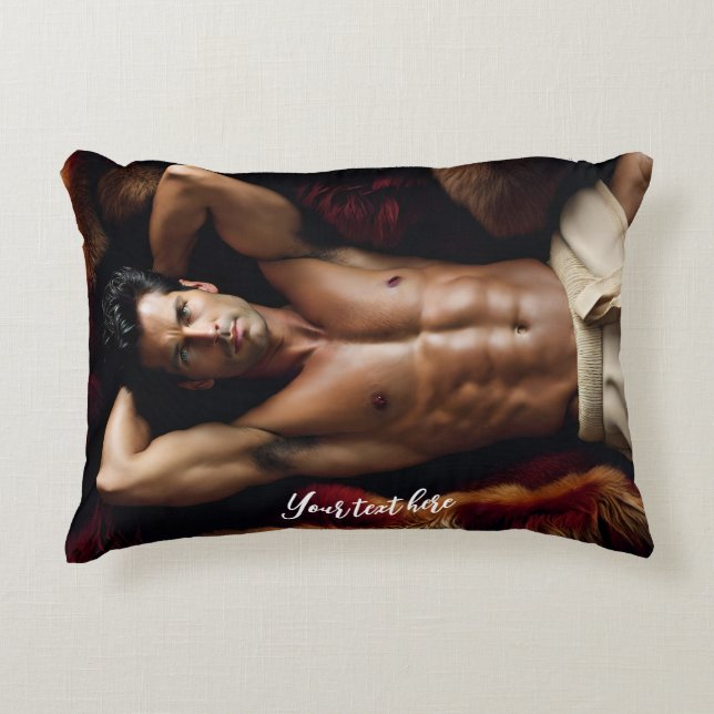 Hot Man on a Bearskin Rug Accent Pillow (Front)