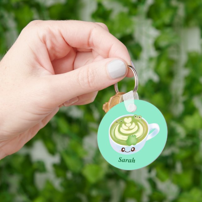 Hot Matcha Green Tea Latte With Cute Frogs Keychain (Hand)
