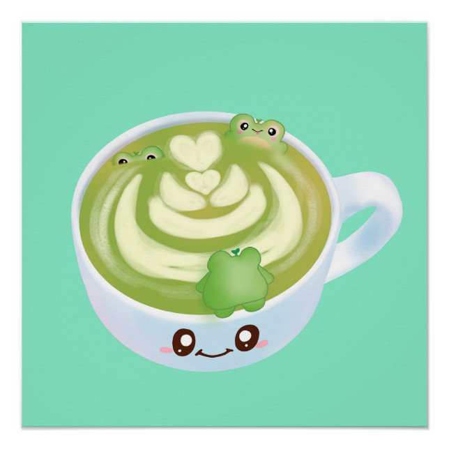 Hot Matcha Green Tea Latte With Cute Frogs Poster (Front)