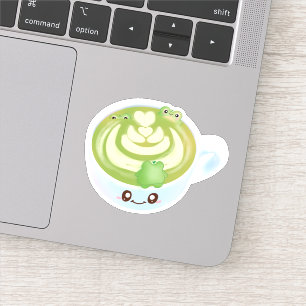 Hot Matcha Green Tea Latte With Cute Frogs Sticker