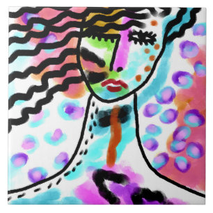 Hot Mess Abstract Digital Portrait of a Woman Ceramic Tile