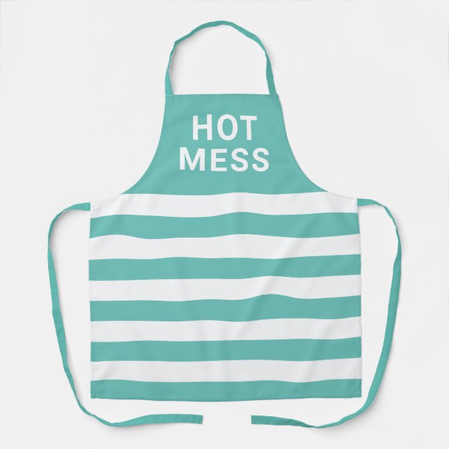 Hot Mess Funny Quote Teal White Striped Women's Apron (Front)