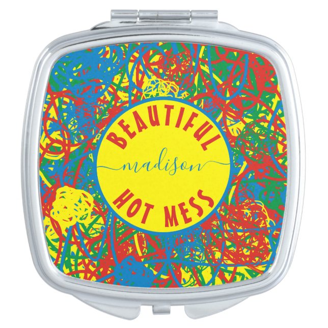 Hot Mess Name Red Blue Yellow Green Art Scribbles Compact Mirror (Front)