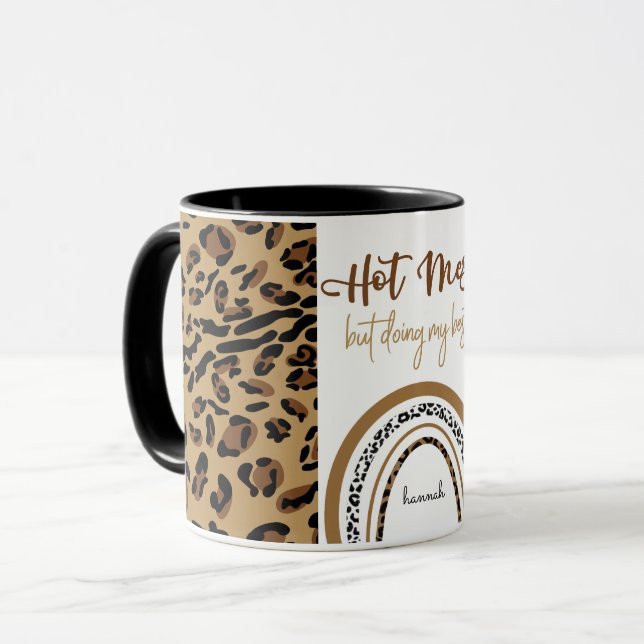 Hot Mess Quote Leopard Print Rainbow Personalized Mug (Front Left)