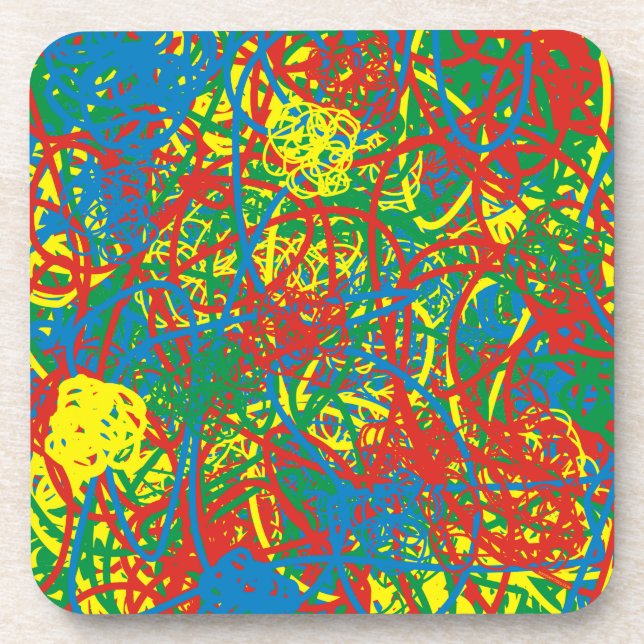 Hot mess red blue yellow green scribbles crayons  beverage coaster (Front)