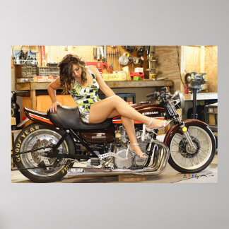 Hot Model KELSEY On A Classic Kawasaki Z1 Dragbike Poster