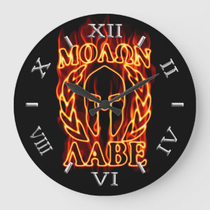 Hot Molon Labe Warrior Mask Laurels Dial on Fire Large Clock