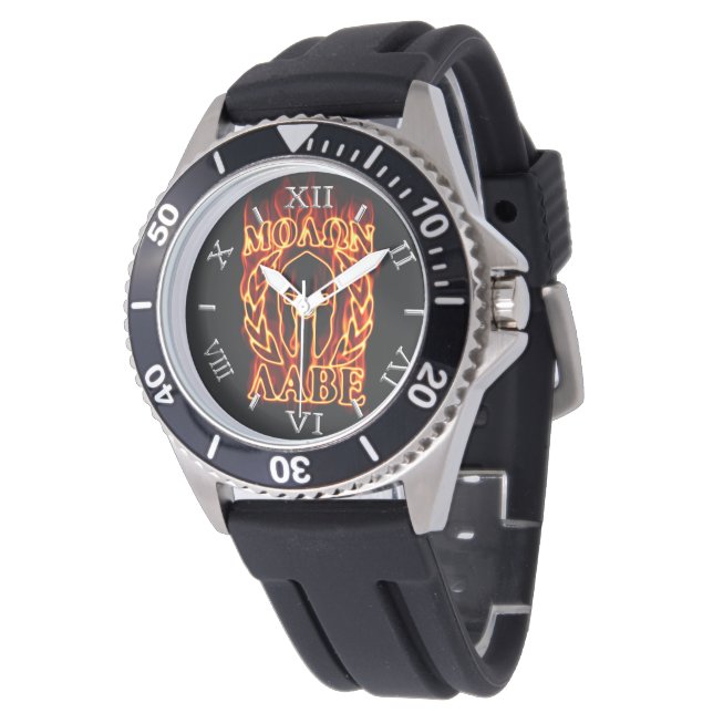Hot Molon Labe Warrior Mask Laurels Dial on Fire Watch (Angled)