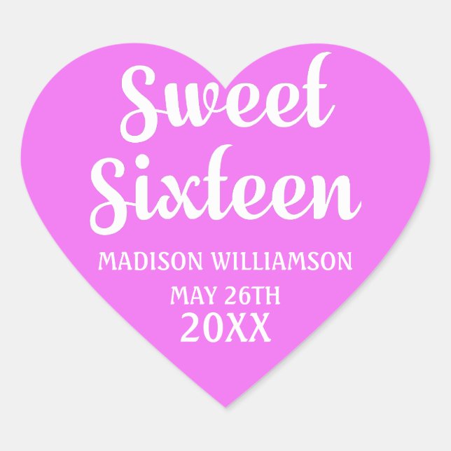 Hot Neon Pink 16th Birthday Party Personalized Heart Sticker (Front)