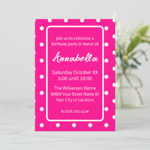 Hot Neon Pink and White Polka Dots Birthday Party Invitation