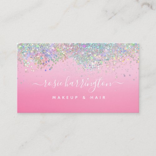 Hot Neon Pink Holographic Glitter Makeup Artist Business Card