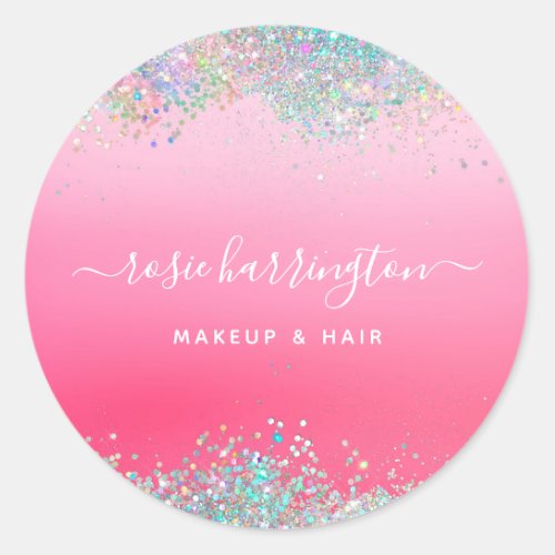 Hot Neon Pink Holographic Glitter Makeup Artist Classic Round Sticker