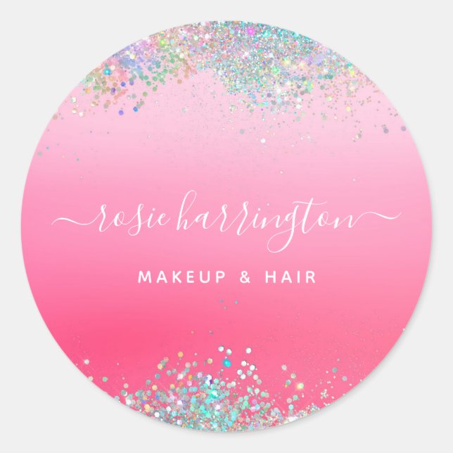 Hot Neon Pink Holographic Glitter Makeup Artist Classic Round Sticker (Front)