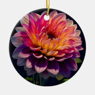 Hot Orange and Pink Dahlia Flower Ceramic Ornament