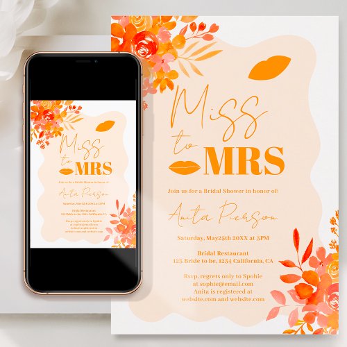 Hot orange wavy frame boho floral bridal shower invitation