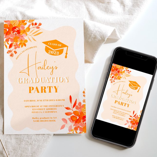 Hot orange wavy frame boho floral graduation invitation (Creator Uploaded)