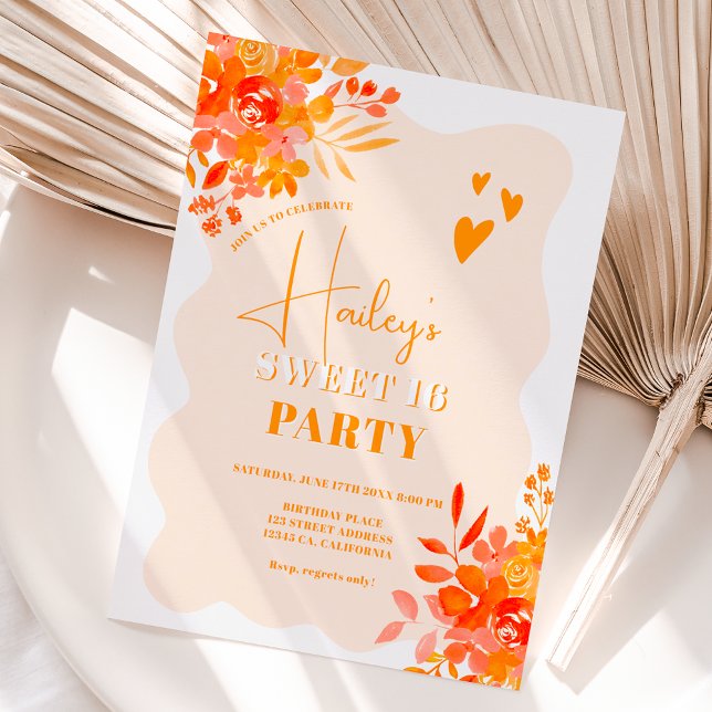 Hot orange wavy frame boho floral Sweet 16 Invitation (Creator Uploaded)