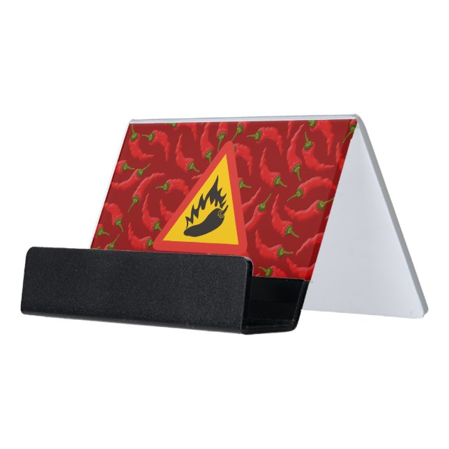 Hot pepper danger sign desk business card holder (Angled Front)