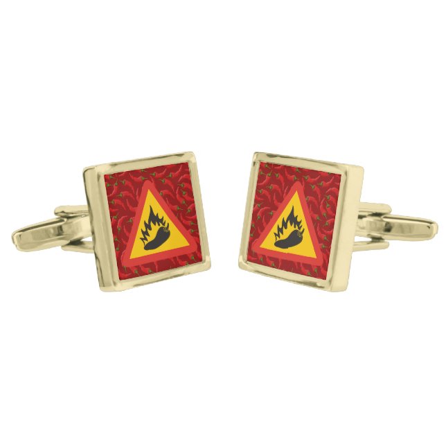 Hot pepper danger sign gold cufflinks (Angled)