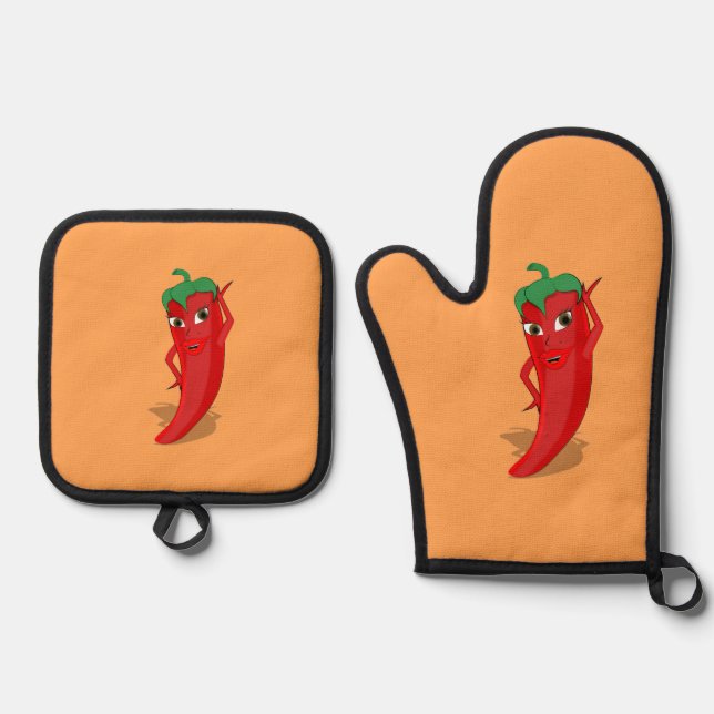 Hot Pepper Diva Drawing Custom Oven Mitt & Pot Holder Set (Front)