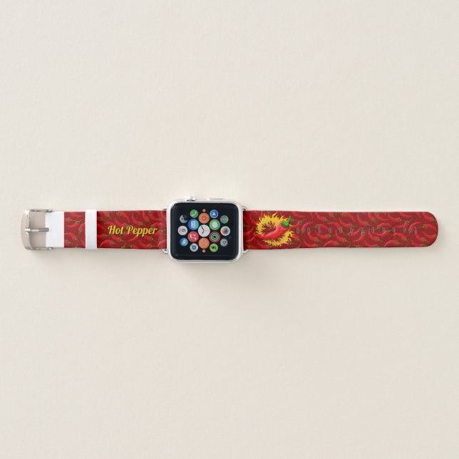 Hot Pepper with Flame on Red Background  Apple Watch Band (Front)
